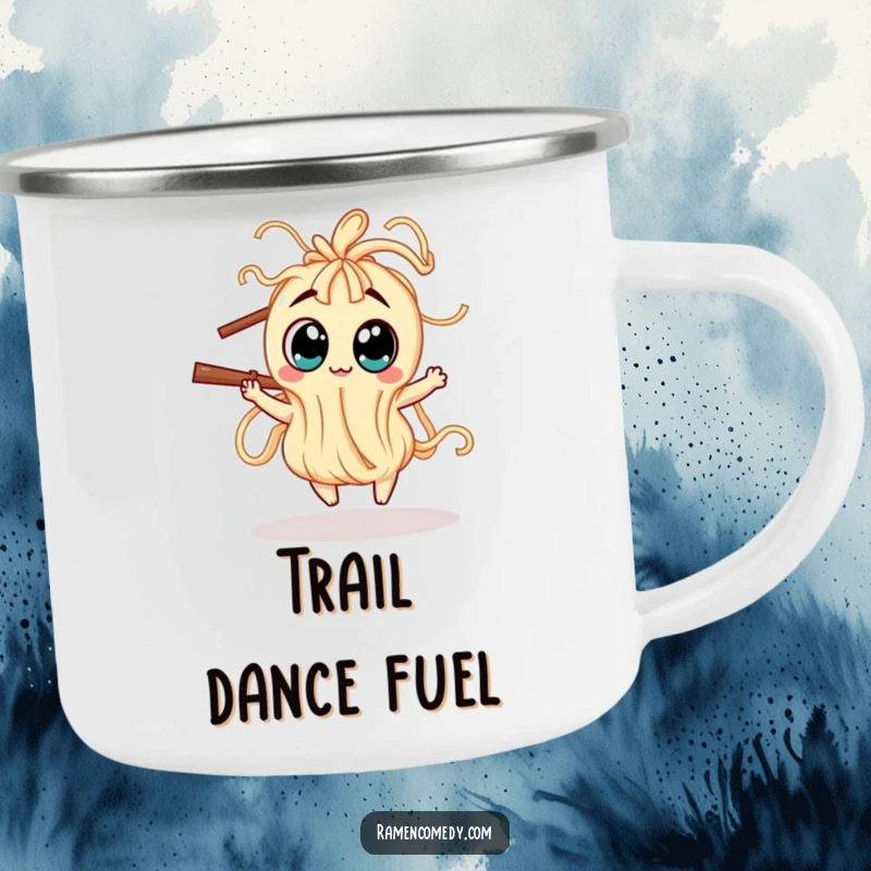 Funny Camping Mug showing a wiggly noodle creature dancing around a chopstick, perfect for outdoor enjoyment with a quirky twist.