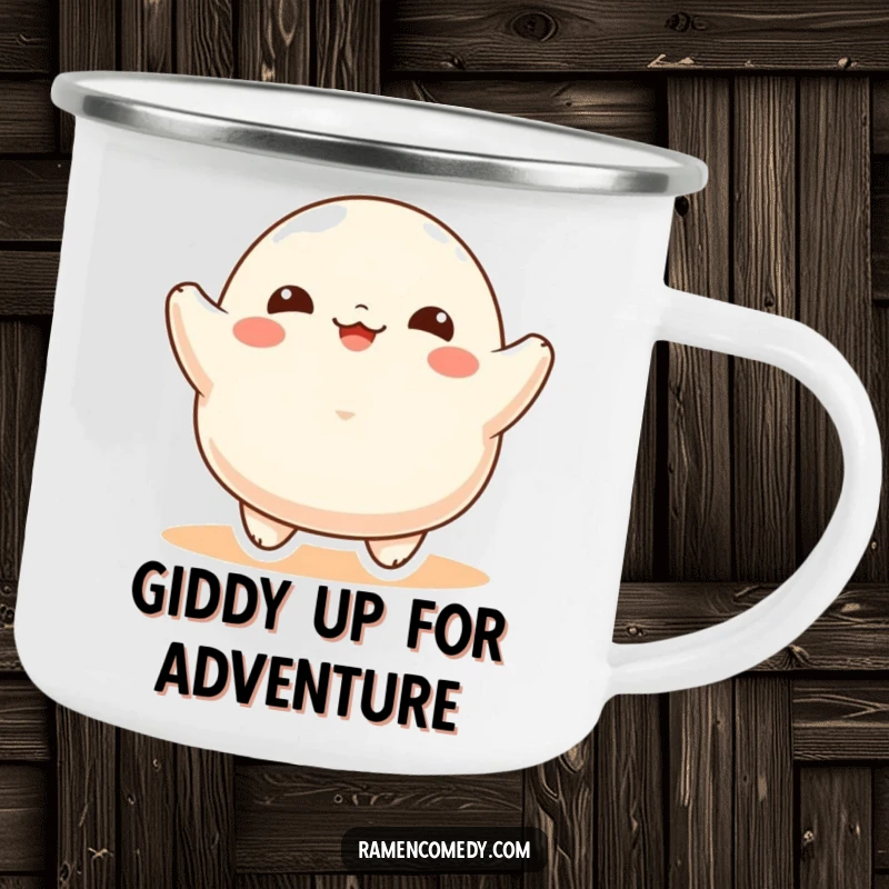 Funny Camping Mug featuring a round, jubilant dumpling character mid-bounce, ideal for sipping warm beverages on outdoor escapades.