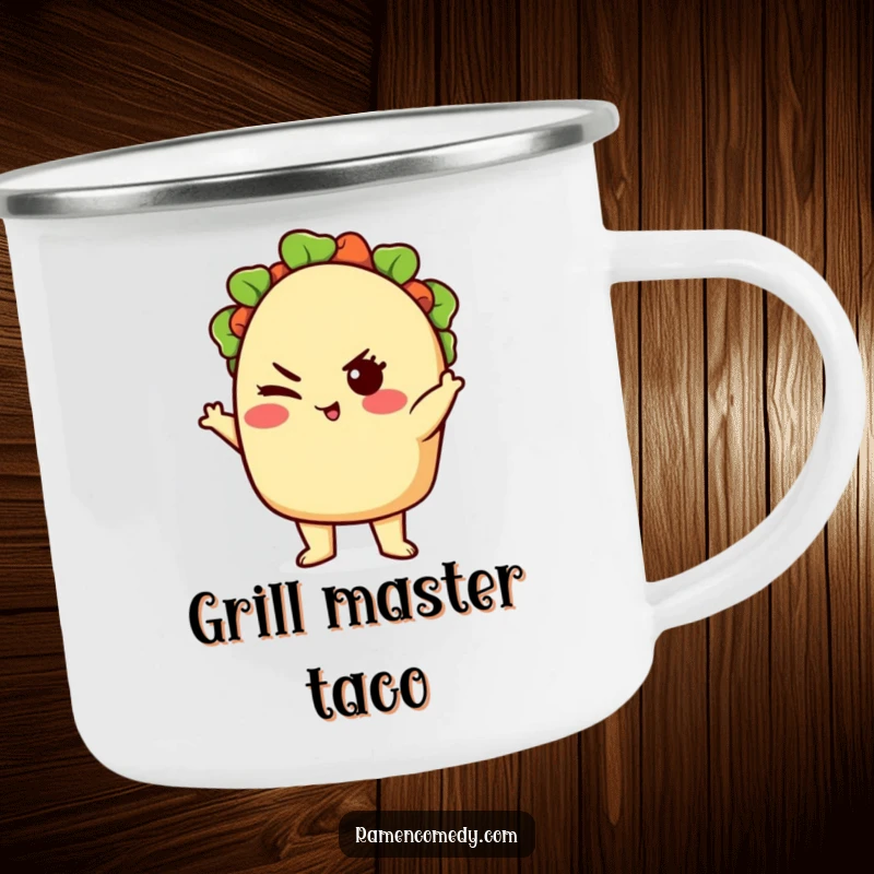Funny cute taco character posing confidently with a wink, durable outdoor camping mug.