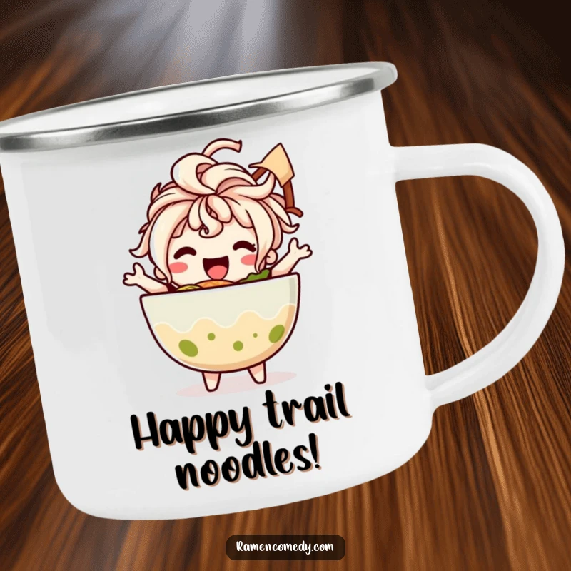 Funny camping mug featuring a happy ramen bowl character with noodle hair dancing joyfully, perfect for outdoor meals and fun.
