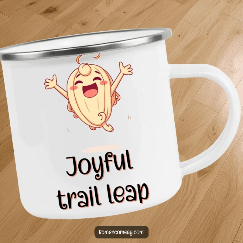 Funny Camping Mug featuring an excited udon noodle character leaping joyfully, ideal for outdoor enthusiasts who love food and humor.