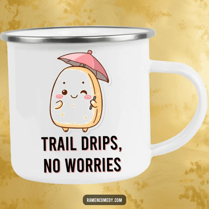 Funny onigiri camping mug featuring a grinning rice ball character holding a tiny umbrella, perfect for outdoor beverage enjoyment.