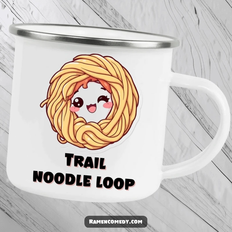 Funny camping mug with a happy ramen noodle character curling into a loop, designed for outdoor enthusiasts who love food humor.