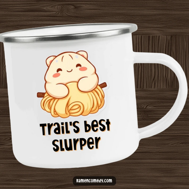 Funny dumpling camping mug showing a smiling dumpling character sliding down a noodle, perfect for outdoor fun and hot drinks.