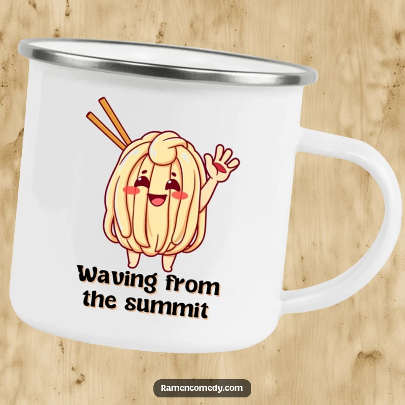 Funny metal camping mug featuring a cheerful udon noodle character waving, for outdoor noodle enthusiasts.
