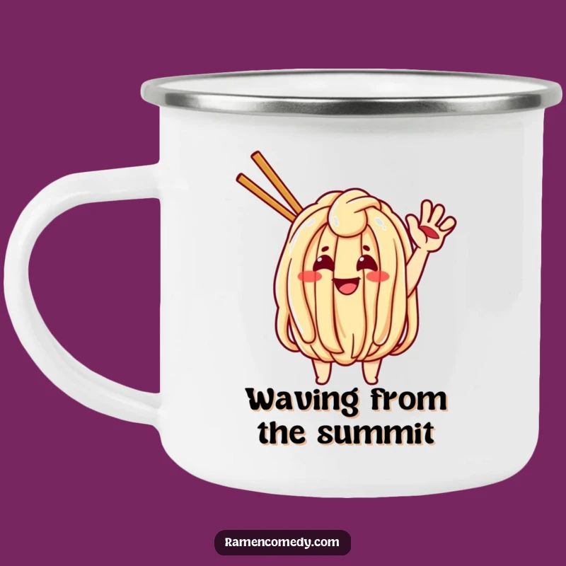 Funny Waving Udon Camping Mug - Cheerful Outdoor Noodle Gear