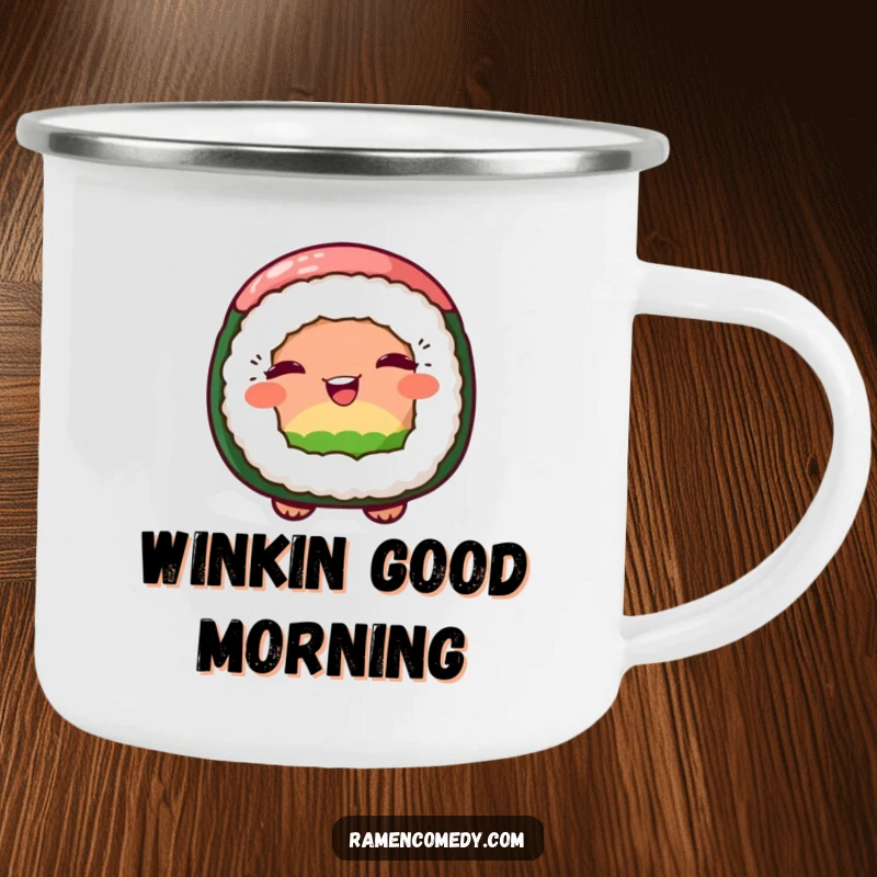Funny camping mug showing a cheerful sushi roll character giving a playful wink, perfect for outdoor enjoyment.