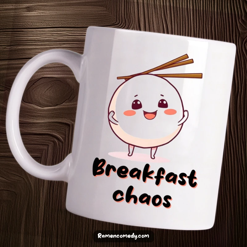 Funny grinning onigiri ball character energetically juggling chopsticks, showcasing playful skill and culinary humor.