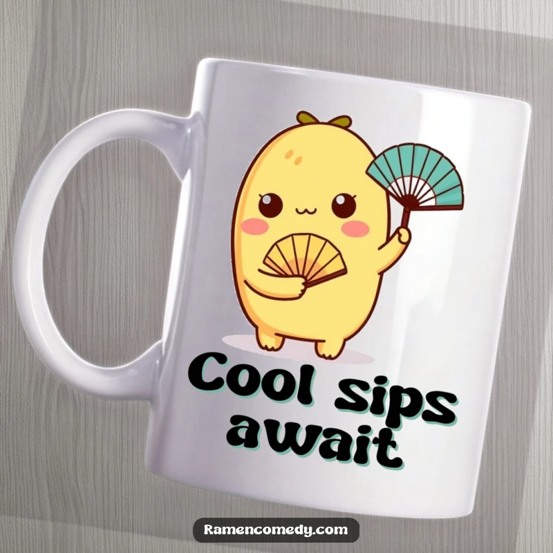 Funny tamagoyaki character elegantly holding a tiny fan on a mug, exuding polite charm.