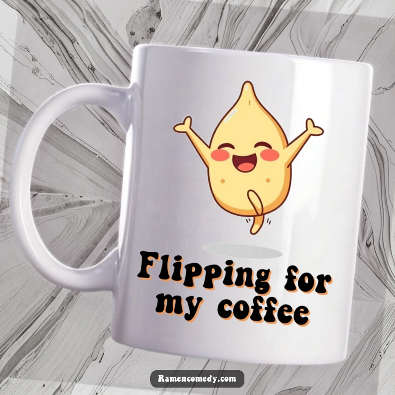 Funny mug featuring a smiling gyoza character performing a cartwheel with immense glee and funny enthusiasm.