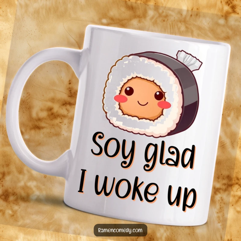 Funny sushi roll mug with a bashful smile peeking from behind a soy sauce packet, showcasing cute Japanese food humor.