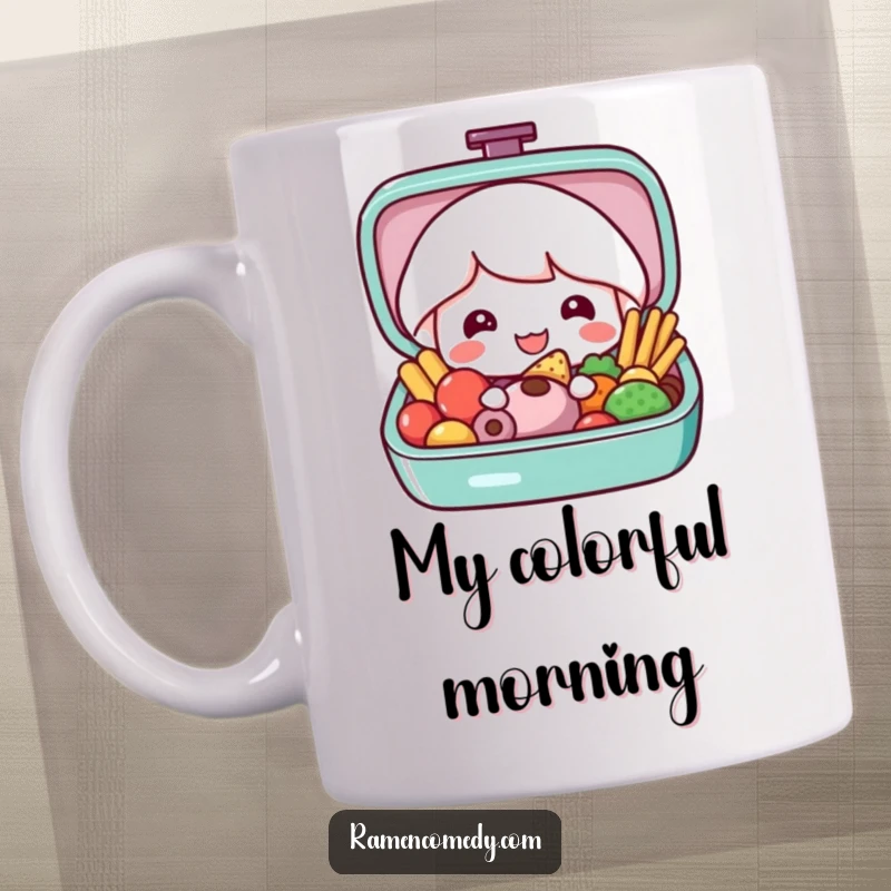 Funny bento box mug with a smiling bento box character opening up to show colorful and delicious food inside, celebrating meals.