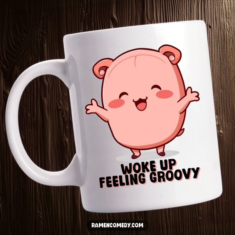 Funny chashu pork slice mug, happy character doing a jig, joyful ramen food art.