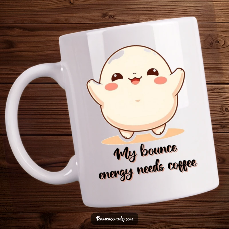 Funny Mug featuring a round, happy dumpling character bouncing with pure delight, embodying joyful energy and delicious fun.
