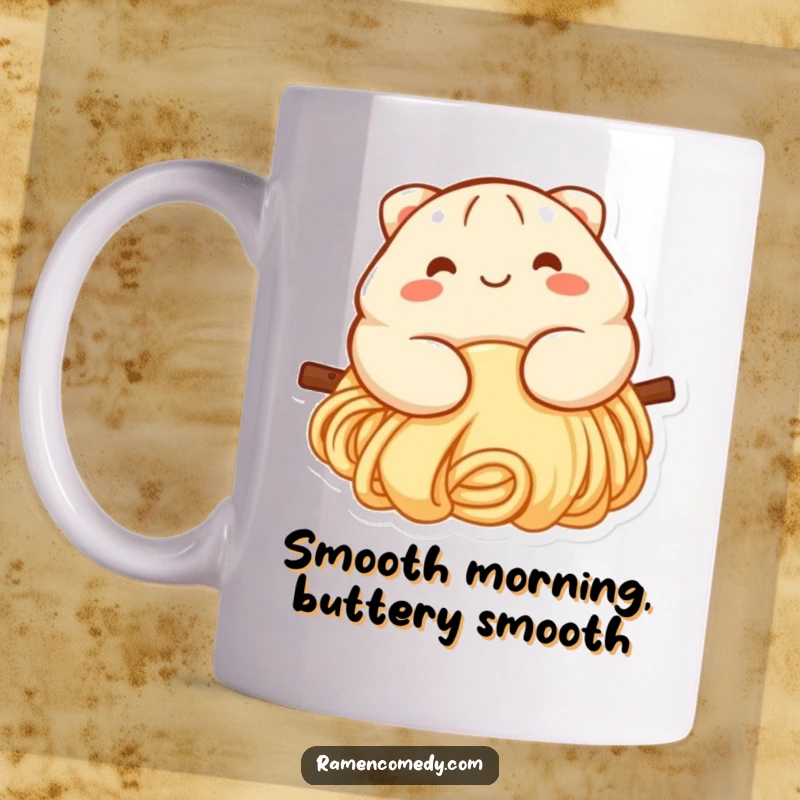 Funny dumpling mug showing a smiling, rosy-cheeked dumpling character gleefully sliding down a long noodle, a picture of culinary joy.