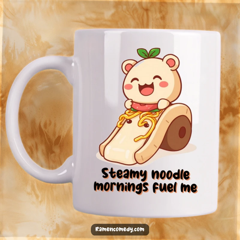 Funny Mug: A smiling bao bun happily slides down a long, slippery noodle slide, radiating pure joy.