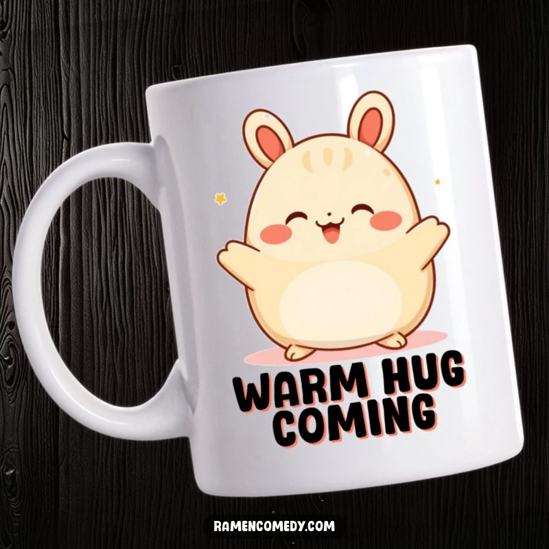 Funny happy bao bun character spreading its arms wide to offer a warm, comforting embrace, radiating pure joy.