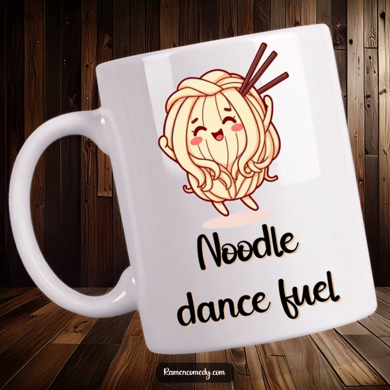 Funny Mug: A happy udon noodle character with a friendly face dances joyfully, holding chopsticks.