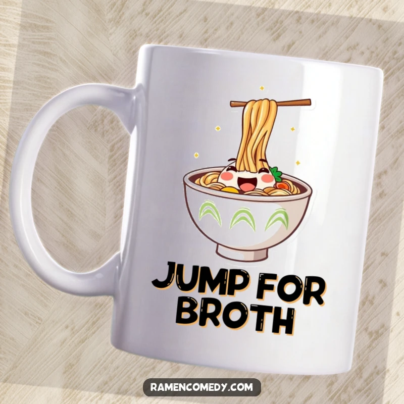 Funny Mug featuring a steaming bowl of ramen with a joyful face leaping out with enthusiastic excitement.
