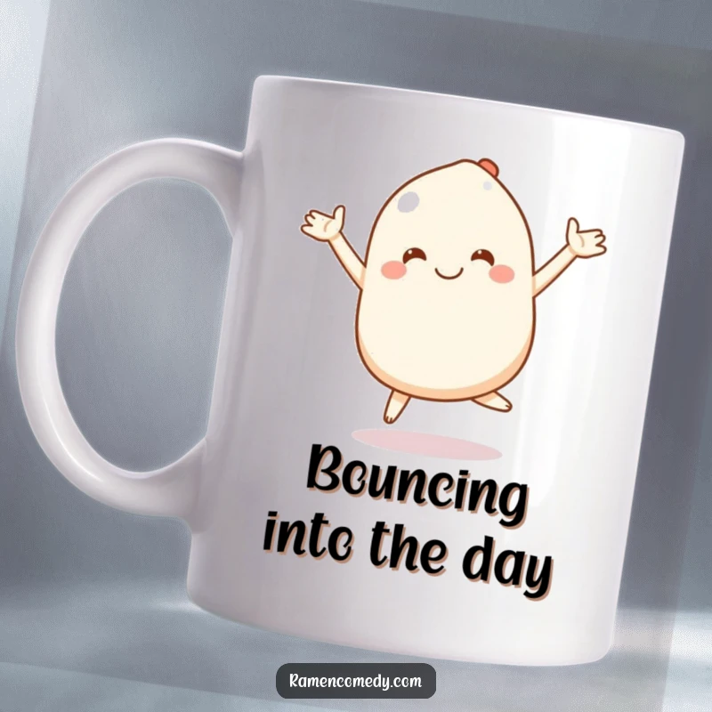 Funny mochi mug featuring a smiling character bouncing happily with its arms stretched out in a fun pose.