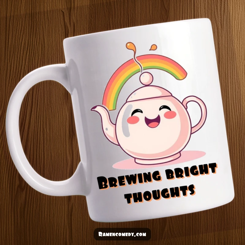 Funny Rainbow Tea Mug showcasing a cheerful teapot character comically spouting a colorful rainbow instead of traditional tea.