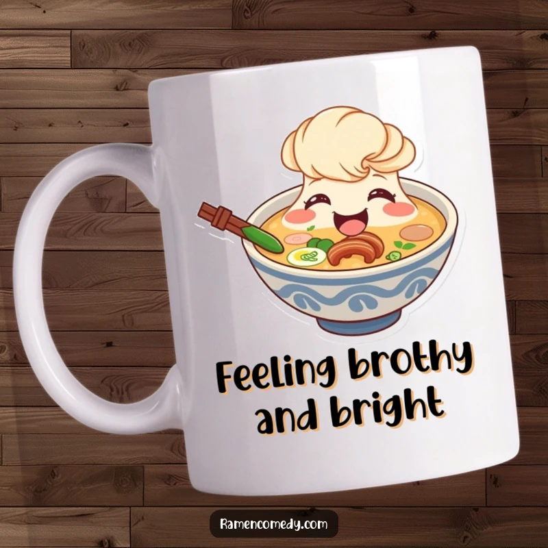 Funny ramen broth mug, smiling character beaming broadly from its bowl, comforting soup art.