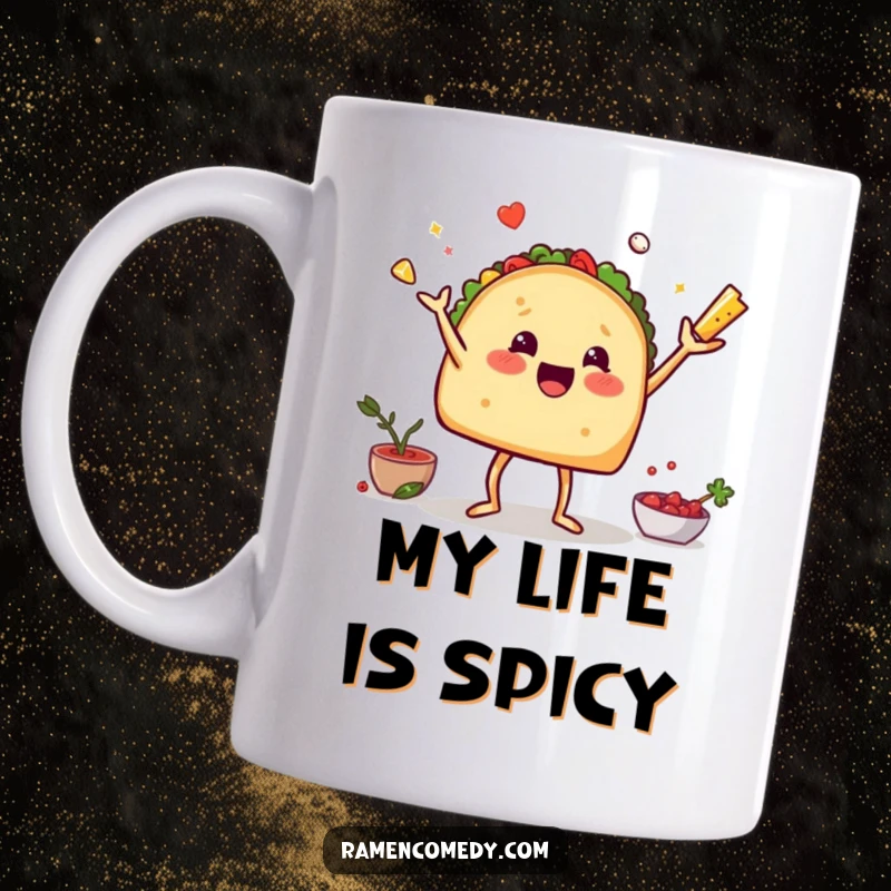 Funny mug with a walking taco energetically juggling lettuce, cheese, and salsa for a hilarious mealtime adventure.