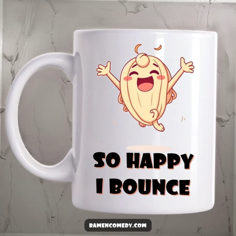 Funny Mug featuring an excited udon noodle character caught mid-leap, expressing pure joy and noodle-themed delight.
