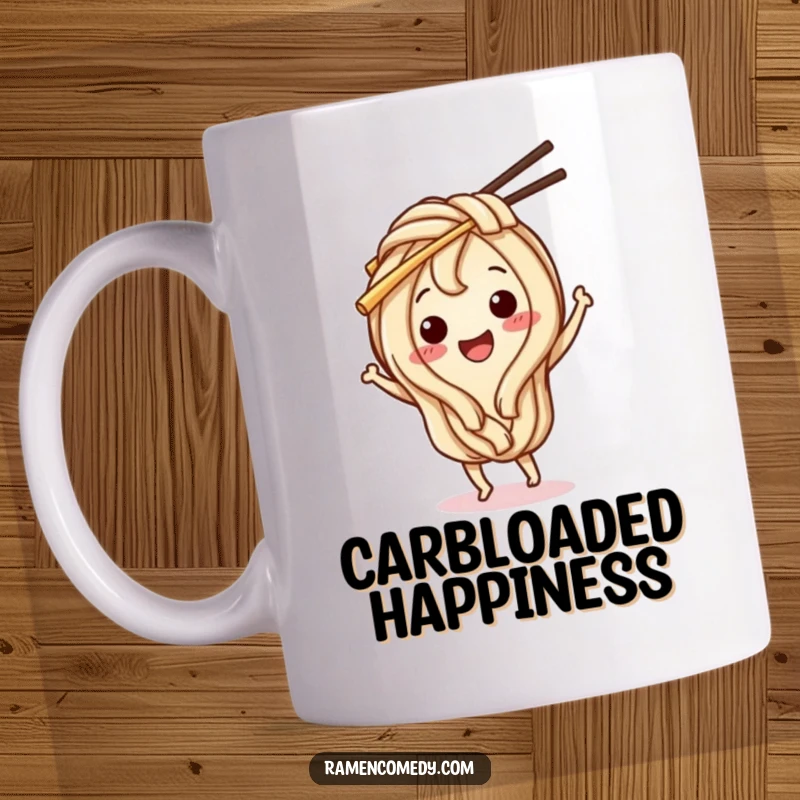 Funny Udon Noodle Mug: A happy udon noodle character dances joyfully with chopsticks, bringing cheerful food humor.