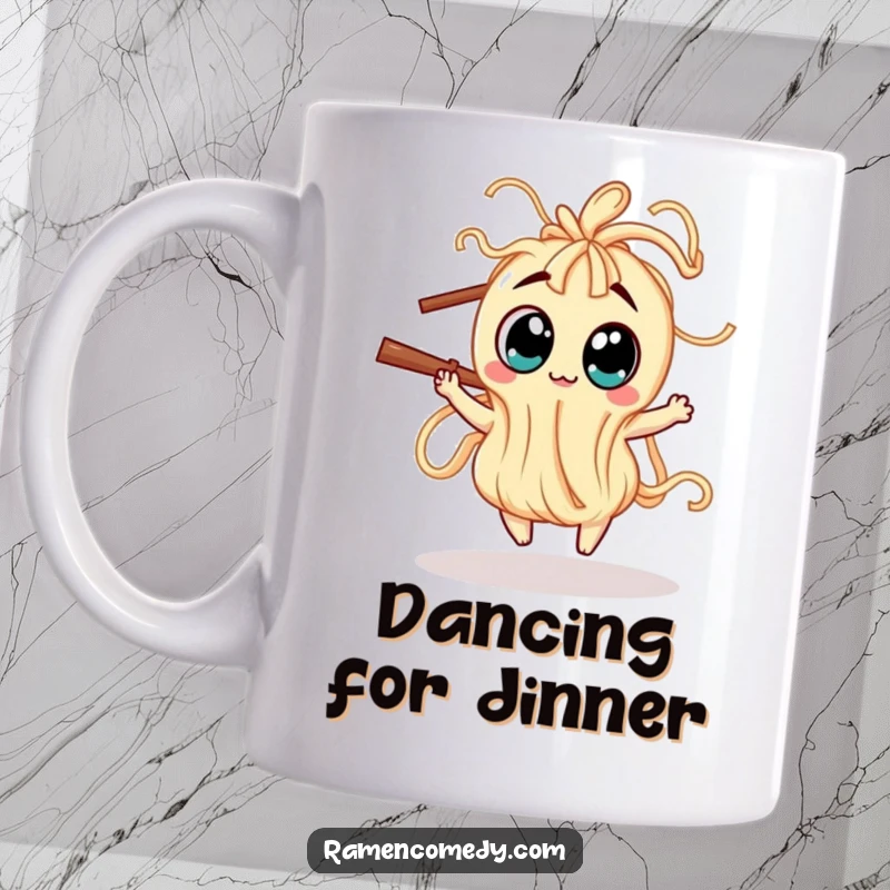 Funny Mug featuring a wiggly noodle creature with big eyes joyfully dancing around a single chopstick.