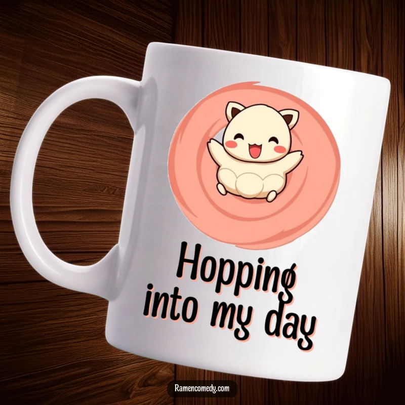 Funny mug depicting a cheerful dumpling gleefully hopping on a vibrant naruto swirl, embodying pure, playful energy.