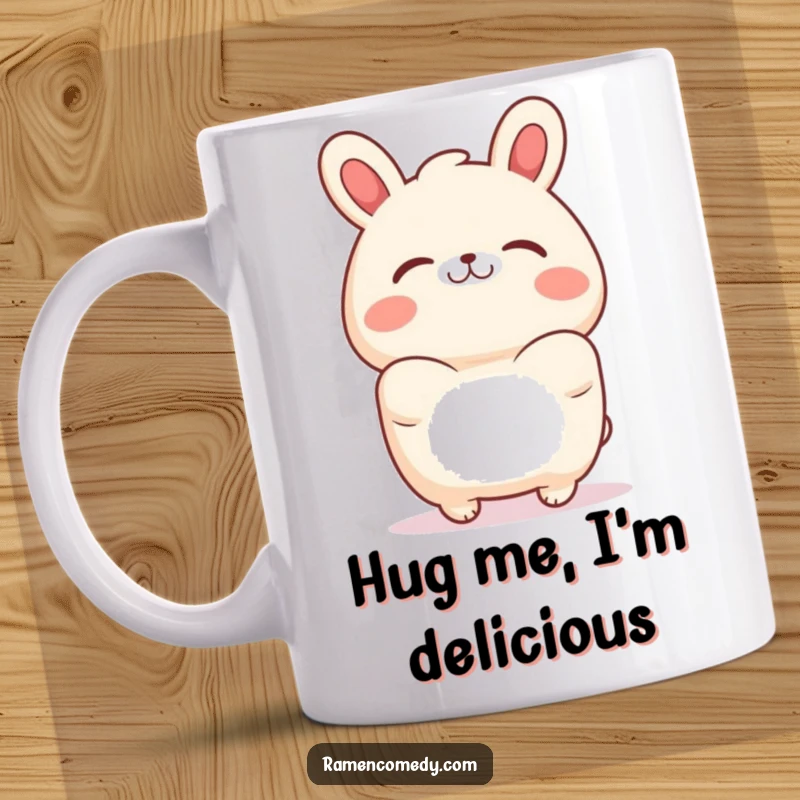 Funny bao bun mug featuring a cute character giving a warm, inviting hug gesture, perfect for breakfast lovers.