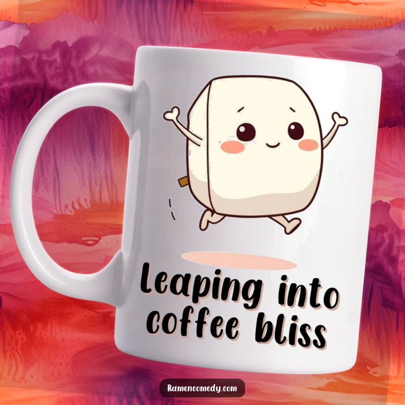 Funny mug featuring a cheerful onigiri character joyfully leaping high with a big smile, celebrating food.