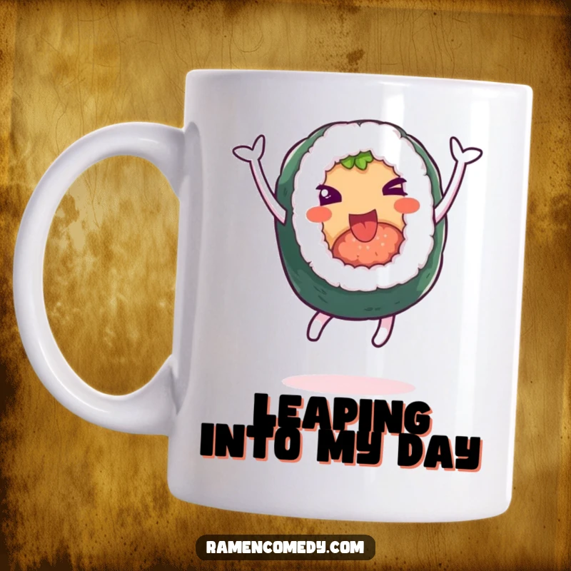 Funny mug featuring a cheerful sushi roll character leaping high into the air with funny, exuberant joy.