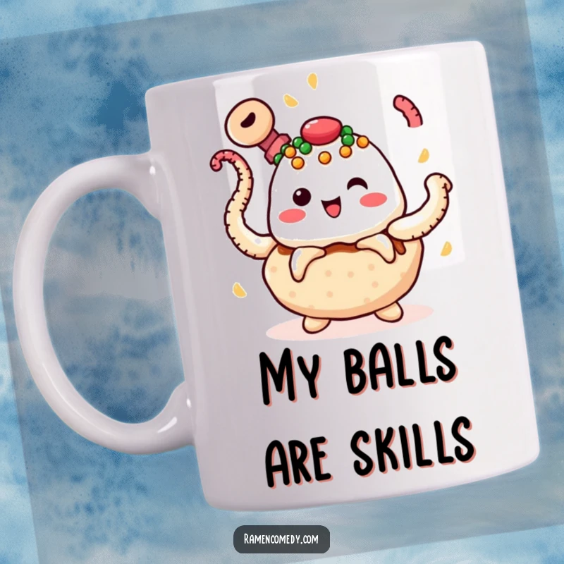 Funny takoyaki mug with a cheerful ball of dough, adorned with toppings, skillfully juggling spinning octopus tentacles, full of motion.