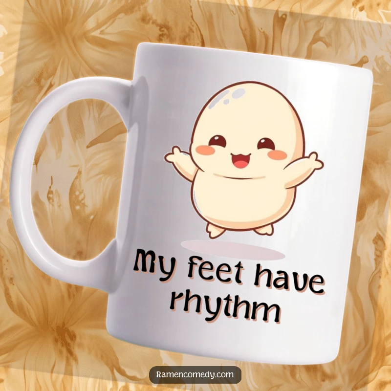 Funny mug featuring a dancing dumpling character with tiny feet kicking joyfully in a happy, energetic pose.