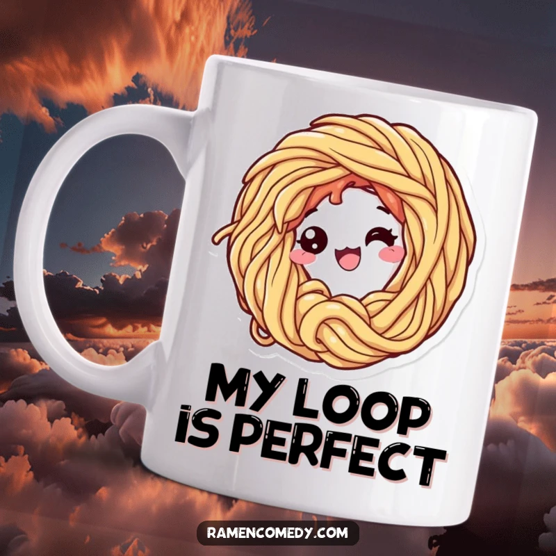 Funny mug showcasing a cheerful ramen noodle character excitedly forming itself into a perfect, playful loop with a happy expression.