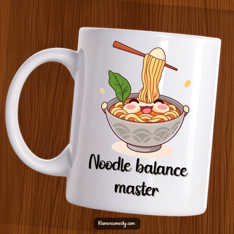 Funny ramen bowl mug featuring a smiling noodle character comically juggling chopsticks and a floating egg, perfect for a laugh.