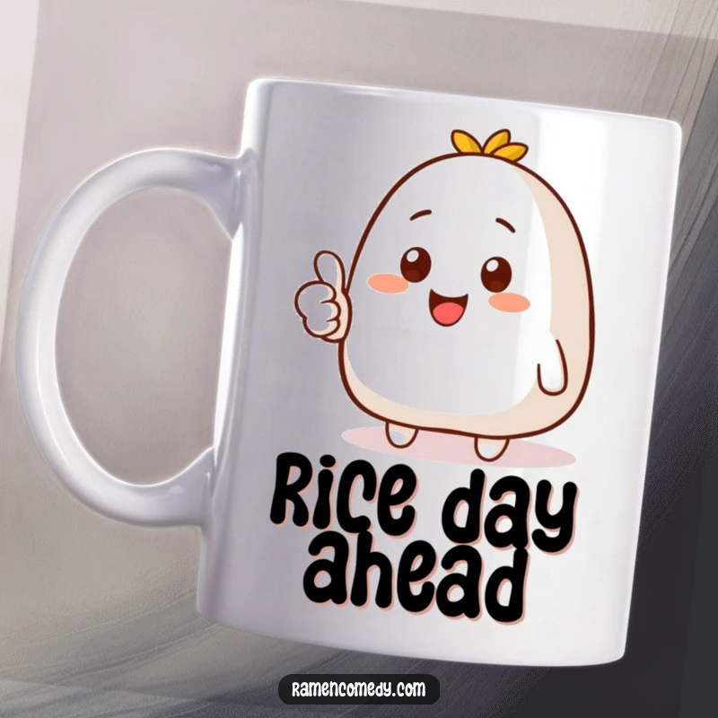 Funny mug with a happy, smiling onigiri character giving a clear thumbs up gesture, representing approval and good vibes.