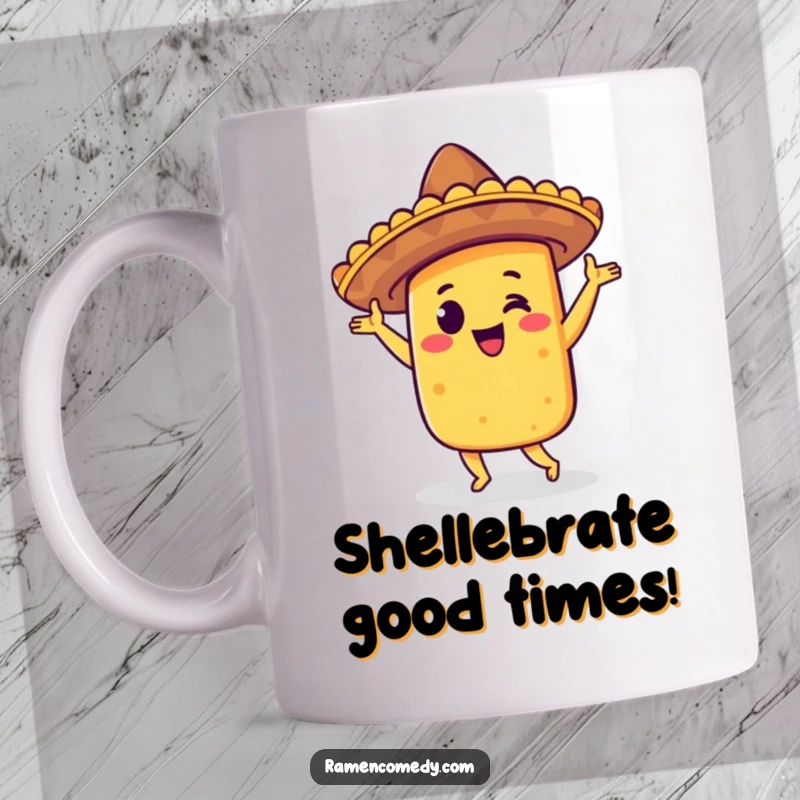 Funny taco jig mug with a smiling taco wearing a sombrero, doing a happy dance, celebrating Mexican fiesta and food.