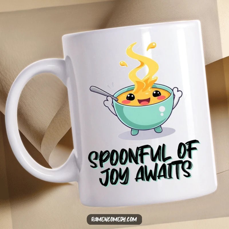 Funny mug depicting a playful soup character with cute spoon hands, splashing happily with glee. A delightful kitchen accessory.
