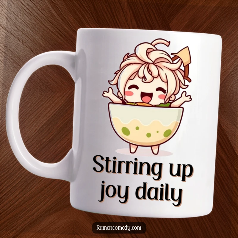 Funny mug featuring a happy ramen bowl character with noodle hair dancing joyfully, radiating pure, funny delight.