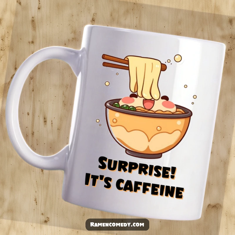 Funny ramen broth mug with a bubbling surface character throwing a splash of surprise, perfect for soup lovers and pranksters.