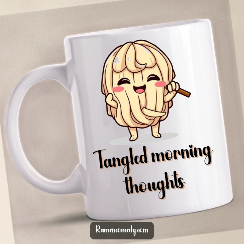 Funny Ramen Knot Mug featuring a happy ramen noodle character comically attempting to tie itself into a knot, a playful design.