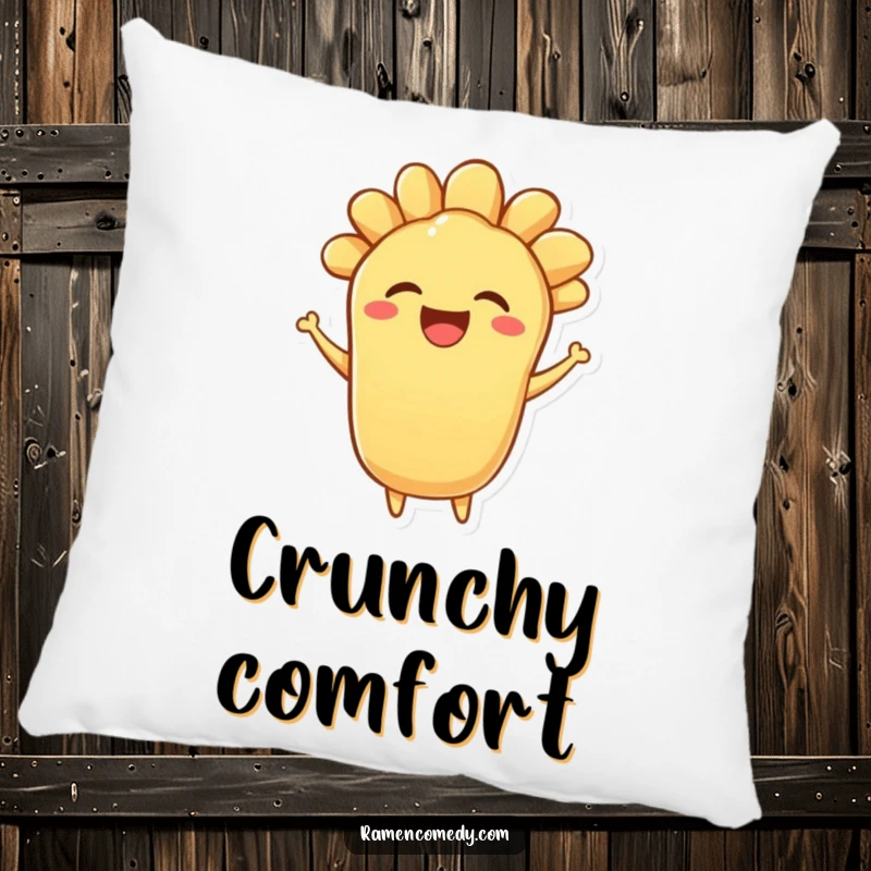 Funny pillow featuring a bouncing piece of tempura character with a delighted expression, perfect for adding comfort and cheer.