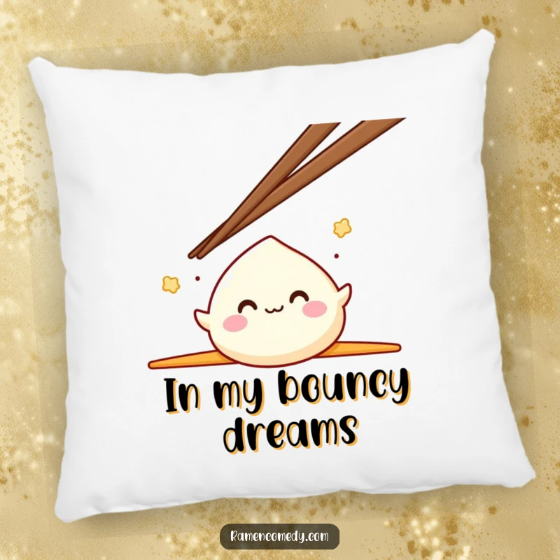 Funny Mochi Pillow with a smiling mochi character happily bouncing between two oversized chopsticks, offering comfort and humor.