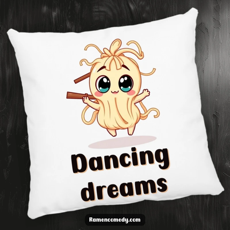Funny Pillow with a wiggly noodle creature and big eyes dancing around a chopstick, offering comfort and a touch of whimsy.