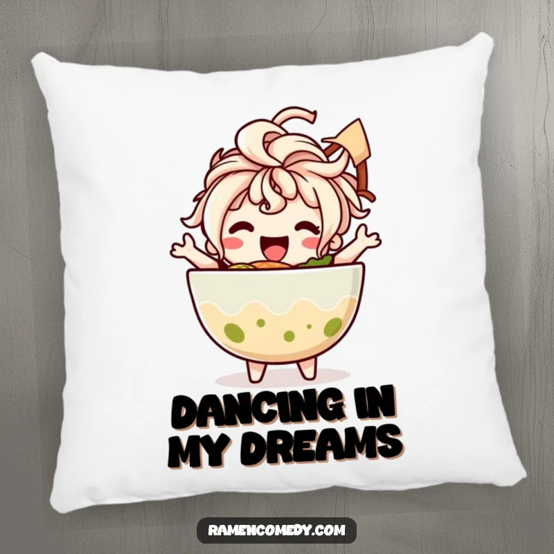 Funny pillow designed with a happy ramen bowl character whose noodle hair dances with joy, perfect for a cheerful accent.
