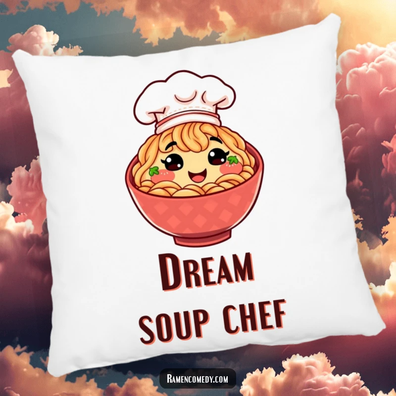 Funny smiling bowl of ramen wearing a tiny chef hat, a soft and cuddly pillow for food lovers.