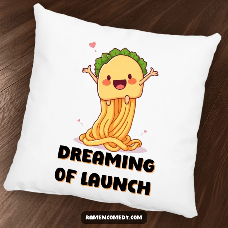 Funny taco noodle launch pillow, a soft cushion featuring a taco character launching from a springy noodle, comfort and culinary humor.